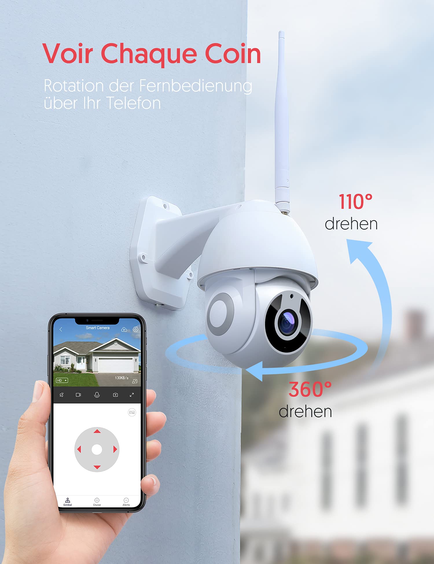 Caméra de surveillance WiFi - Caméra IP extérieure - Caméra de surveillance WiFi avec vision nocturne 1080p - IP66 - Étanche - PTZ à 360°