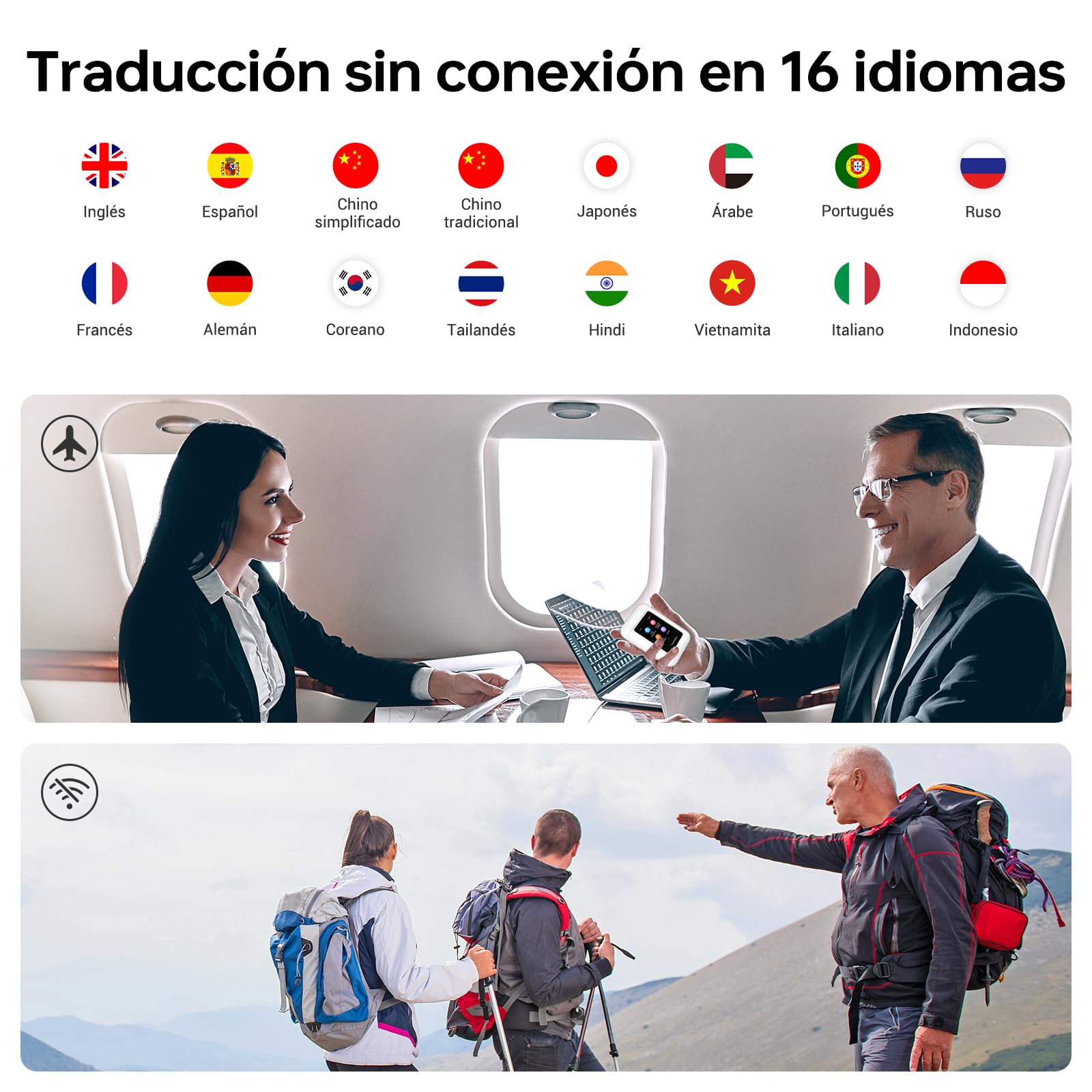 ANFIER Audífonos traductores A8 sin conexión en tiempo real, no requiere aplicación, uso independiente, dispositivo traductor de idiomas para 144 idiomas y acentos para viajes de negocios y uso diario