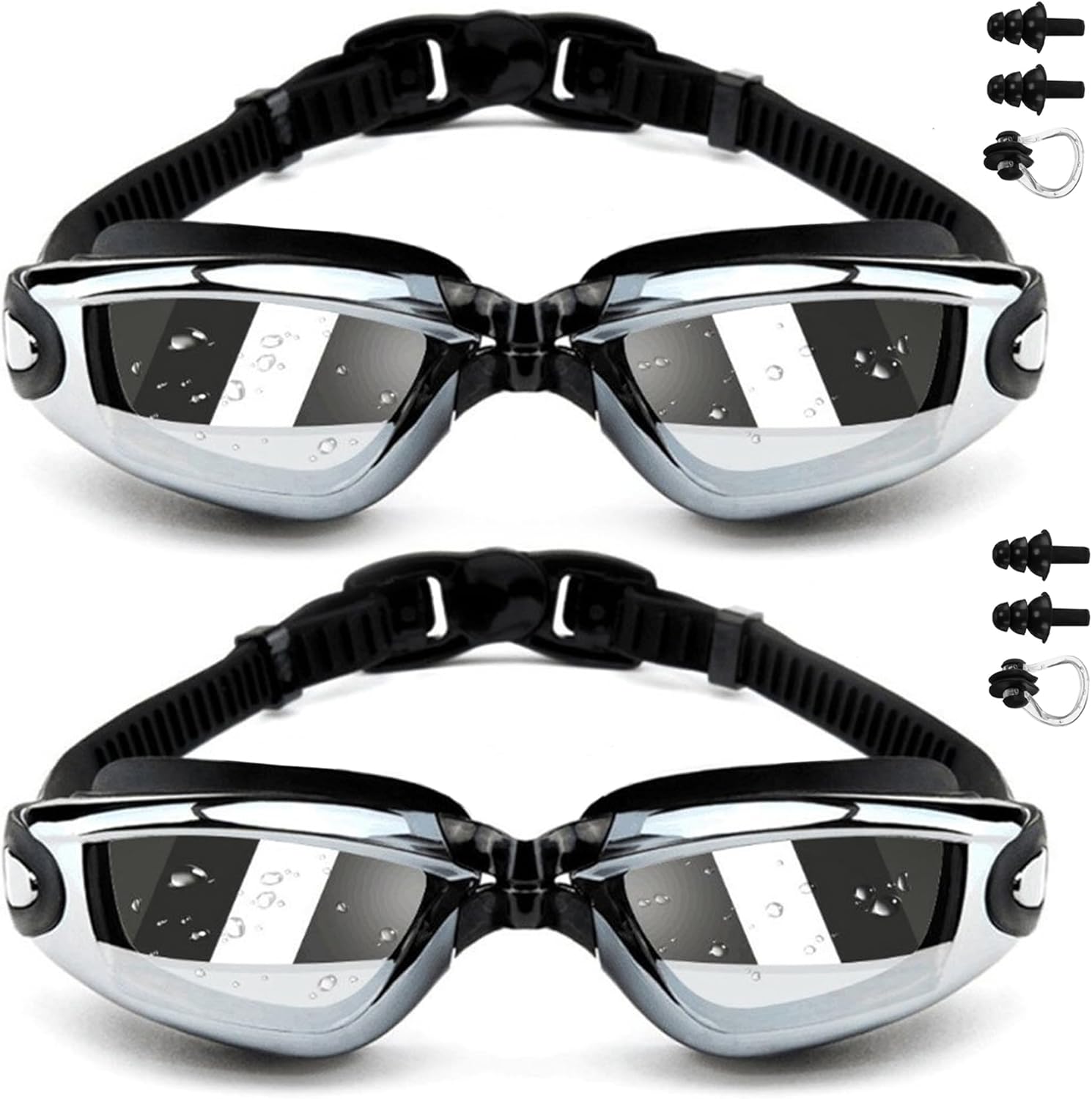 Swimming Goggles Pack of 2, Electroplated Anti Fog Leak Proof Swim Goggles for Men Adults, UV Protection Crystal Clear Vision with Free Protection Case, Nose Clip and Earplugs