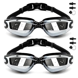 Swimming Goggles Pack of 2, Electroplated Anti Fog Leak Proof Swim Goggles for Men Adults, UV Protection Crystal Clear Vision with Free Protection Case, Nose Clip and Earplugs - Amazon product rated Grade A