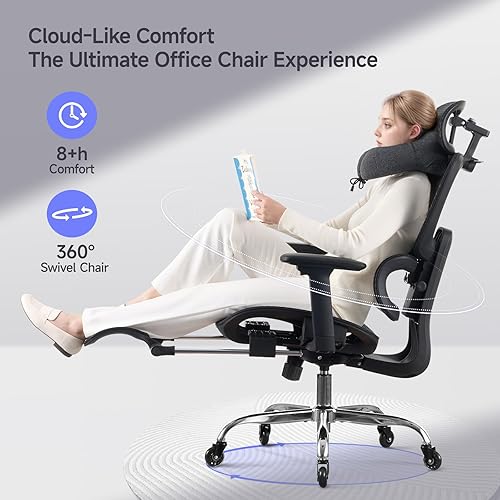 Miniatura 7 de Silla de oficina con reposapiés, silla ergonómica con almohada para el cuello y ruedas de goma, silla de computadora con respaldo ajustable y