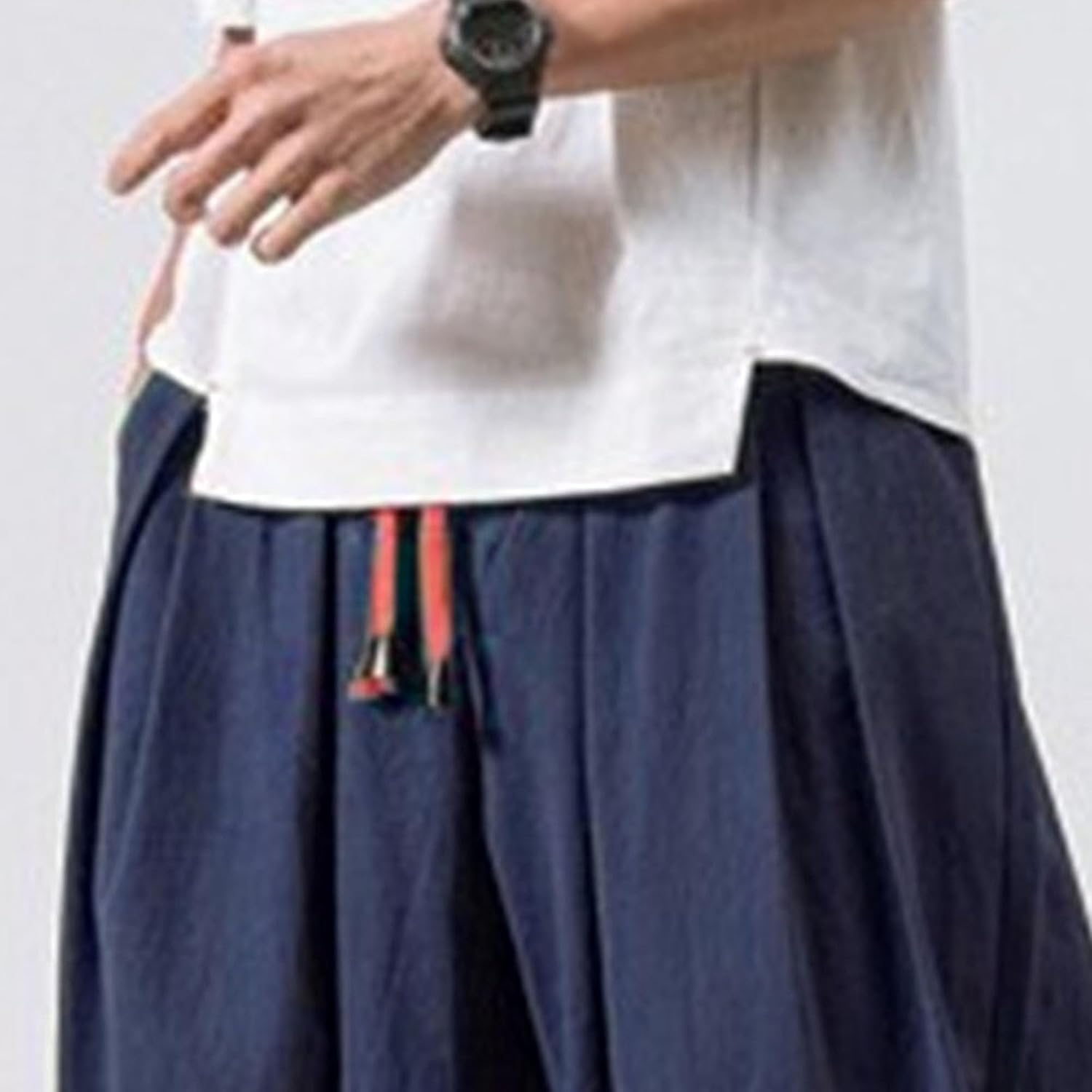 Mens Solid Color Loose Cotton Linen Lantern Pants Loose Boho Beach Drop Crotch Trouser Hip Hop Drawstring Yoga Pant