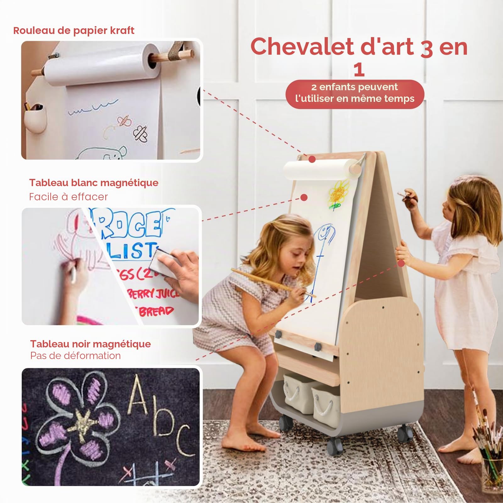 BanaSuper Chevalet Enfant, Tableau Magnétique Double Face, Hauteur Réglable | Surface de Dessin Grand, Surface Magnétique, Roulettes Verrouillables, Usage Intérieur Extérieur, Sécurité Certifiée EN71