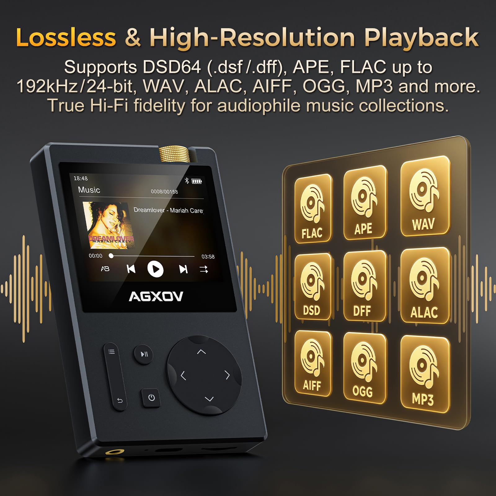 64 GB Hi Res MP3 Player con Bluetooth 5.3, Supporta DSD/FLAC/DAC, Nero