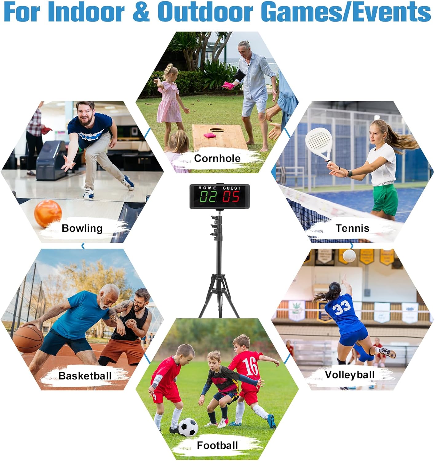 Samshow LED Electronic Scoreboard Digital Score Keeper with Remote & Tripod, Basketball Scoreboard with Shot Clock & Timer & 12/24h Real Time for Football/Corn Hole/ping Pong/Table Tennis