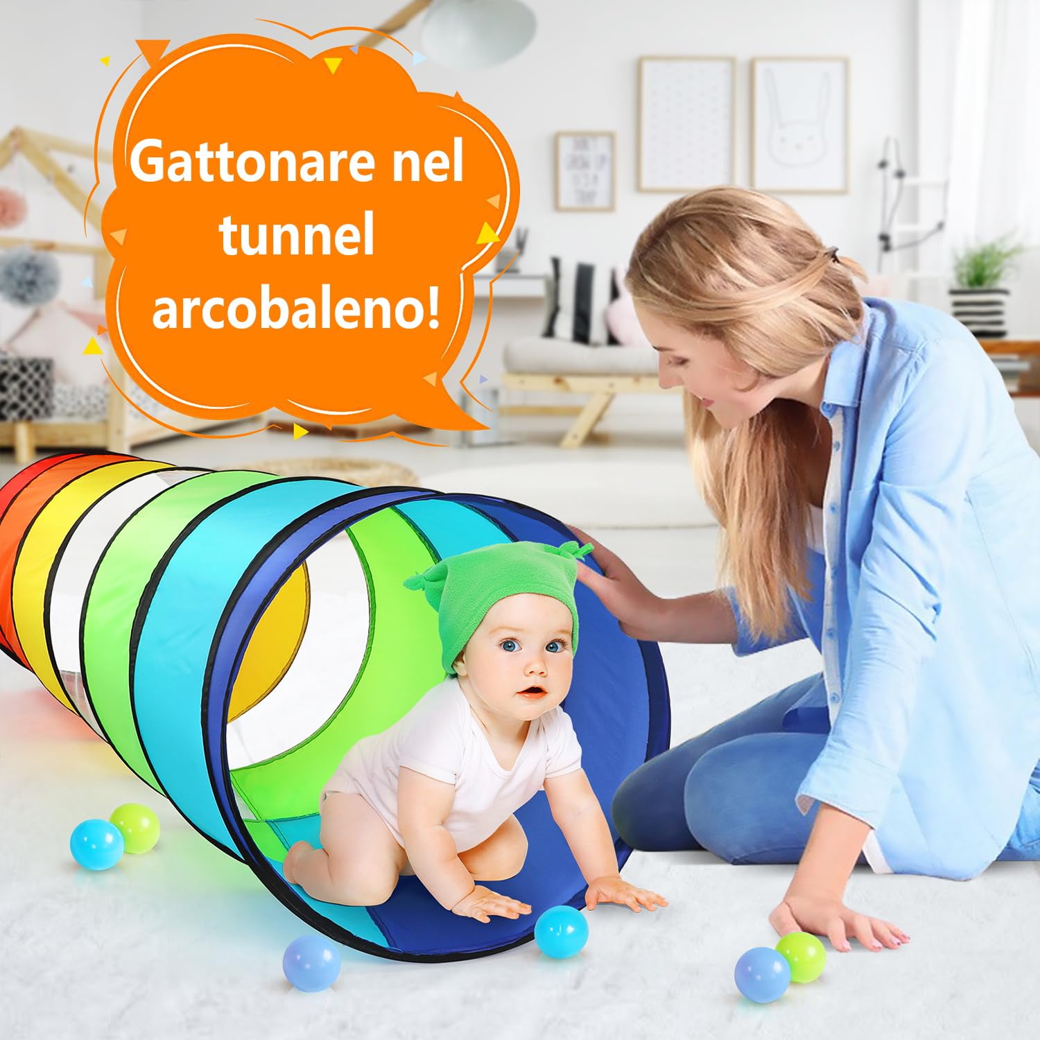 Wilwolfer Tunnel Gioco per Bambini - Alta Qualità 180cm Tenda Bambini con Mesh - Pieghevole Pop-upTubi Gioco Regalo Giocattolo Interni Esterni Giardino (Arcobaleno)