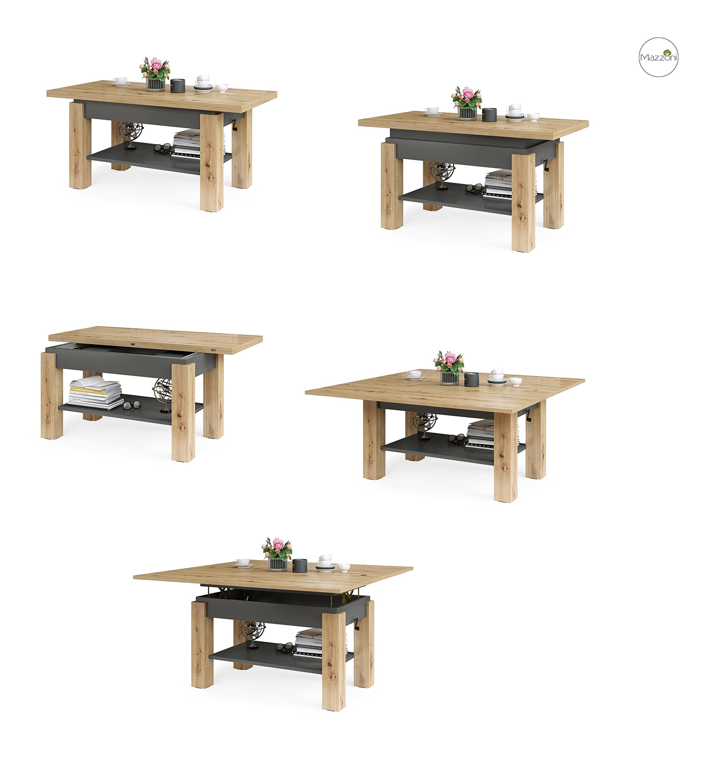designimpex Design Couchtisch Tisch Arbeitstisch Brawo höhenverstelbar aufklappbar, Farbe:Eiche Artisan - Anthrazit matt