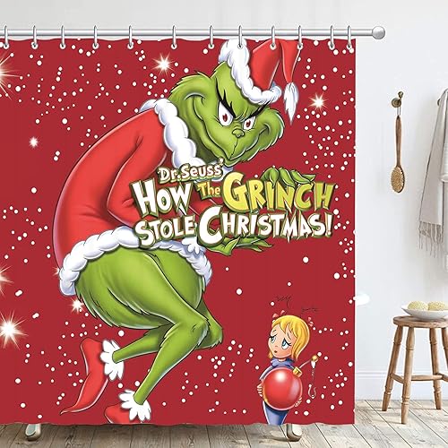 Cortina de ducha de Navidad para baño, decoración impermeable con 12 ganchos, dobladillo de plomo con peso, juego de cortinas de ducha de poliéster