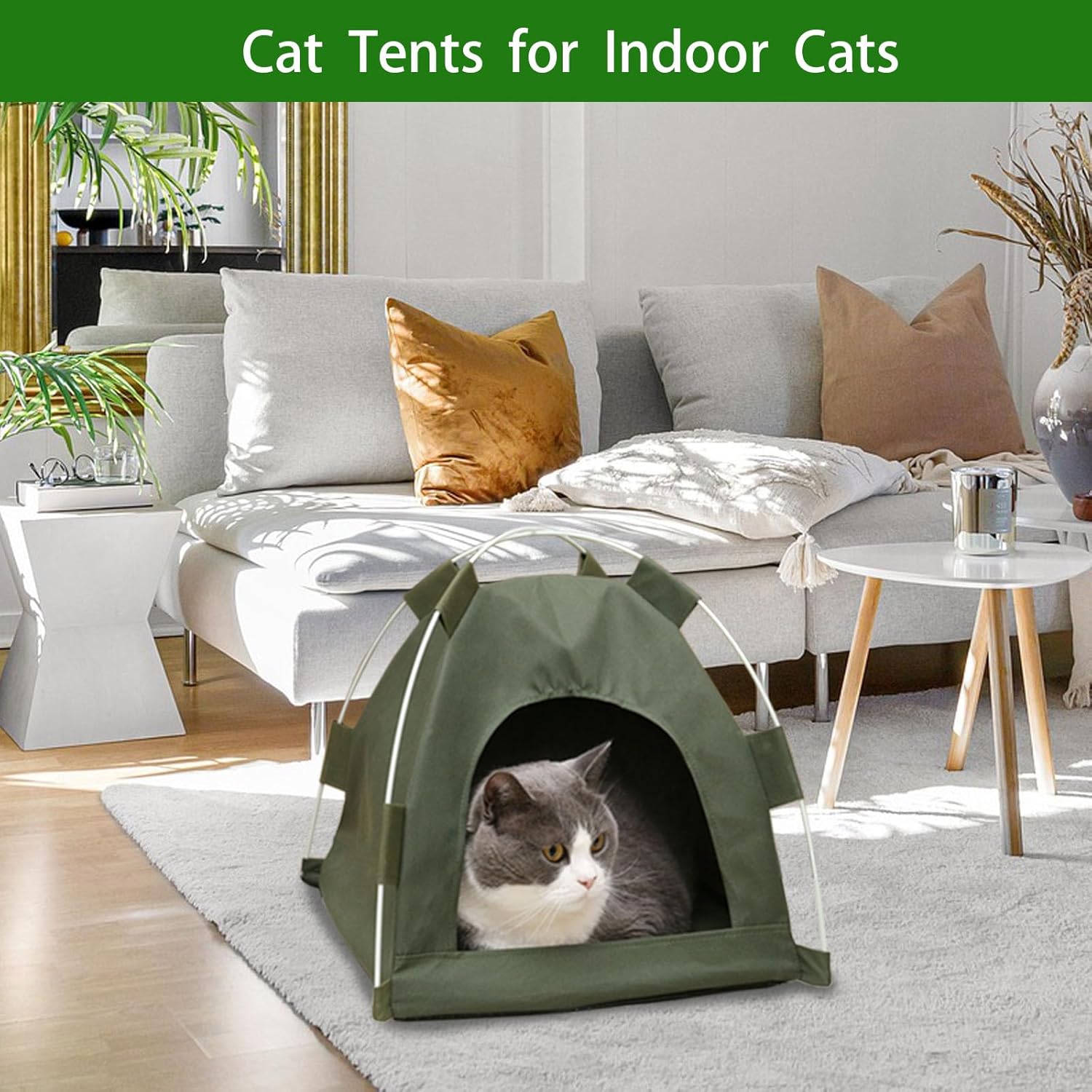 Cat Tent, Cat Tents for Indoor Cats, Portable Cat Tent Outdoor Cat Pop Up Tent for Outside Cat Cave with Soft Mat, Green