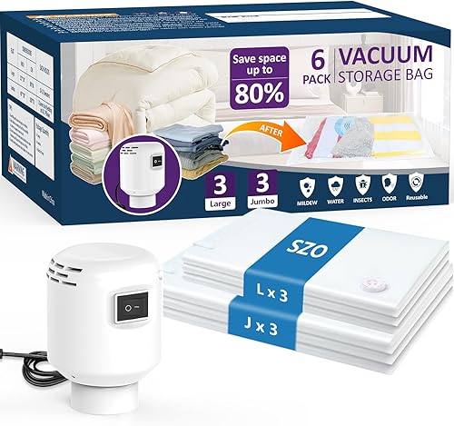 SZO Paquete de 6 bolsas de almacenamiento al vacío con bomba de aire eléctrica, bolsas de sellado al vacío para ropa de viaje, bolsas ahorradoras de