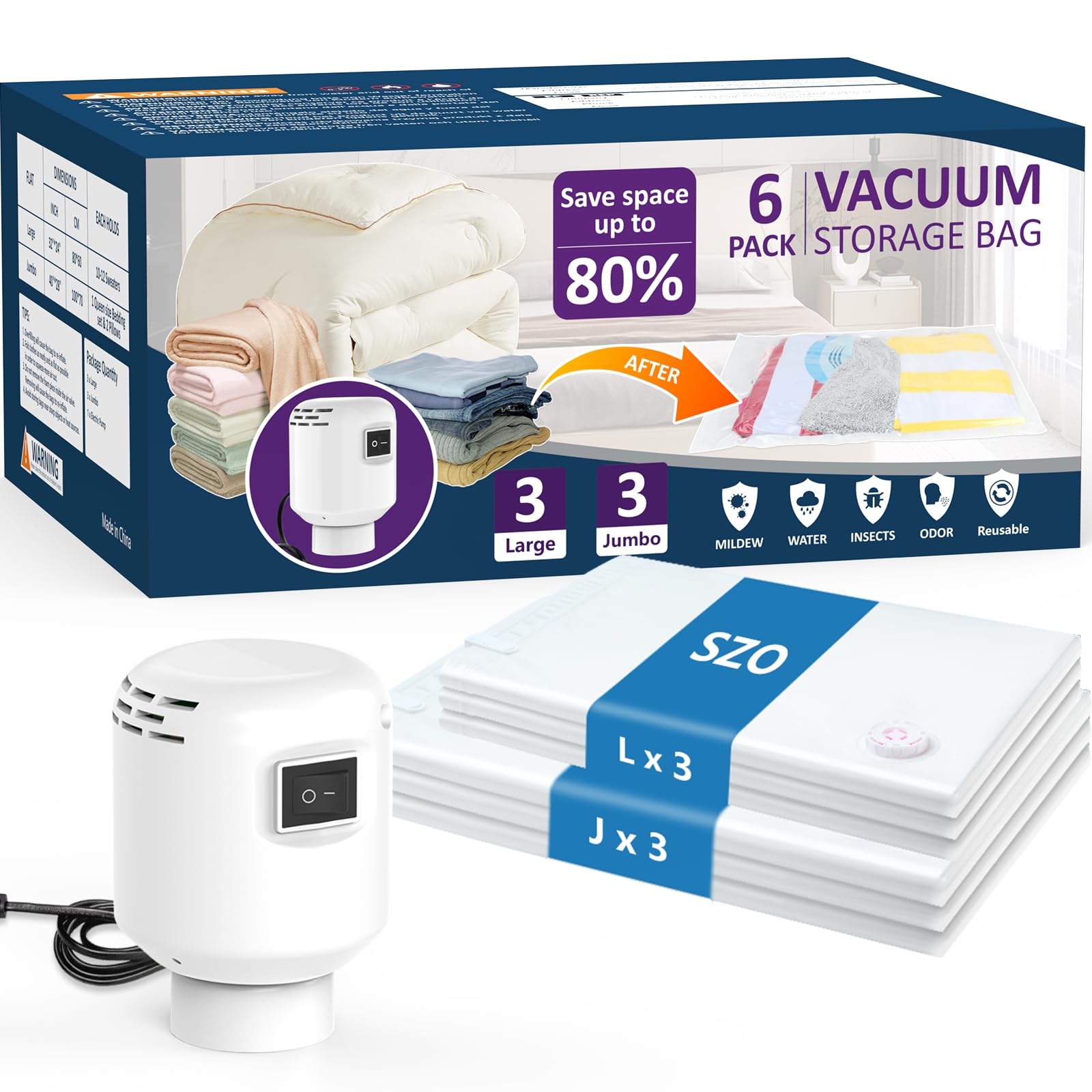 SZO 6 Pack Vacuum Storage Bags With Electric Air Pump,Vacuum Seal Bags For Clothing Travel, Space Saver Bags For Luggage, Blankets,Bedding,Moving bags