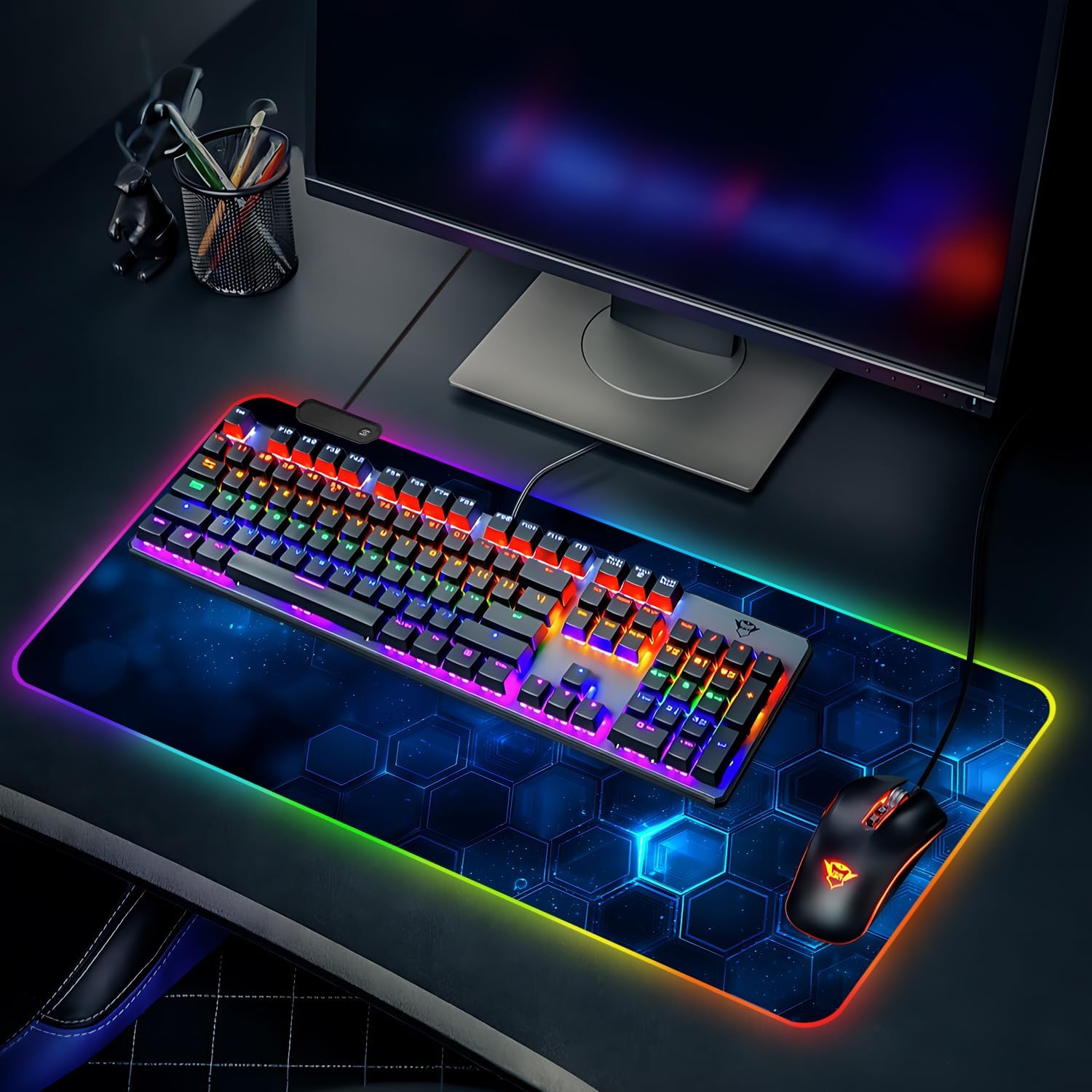 ANNA QUEEN RGB Gaming Mouse Pad XL 35.4"x15.7", Blue Tech Hexagon Desk Mat LED Extended Mousepad, Large RGB Gaming Mousepad Non-Slip Rubber Base Smooth Surface Keyboard Mouse Pad