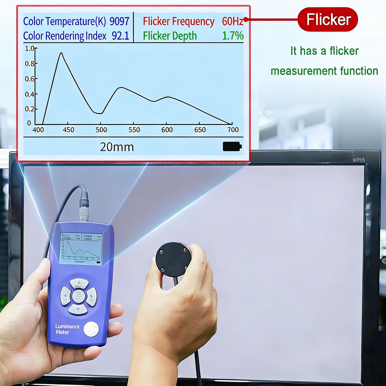 Analizador de brillo de pantalla, herramienta de medición de luz con sondas dobles para detección de parpadeo, temperatura de color y pruebas de CRI, ideal para calibración de pantalla