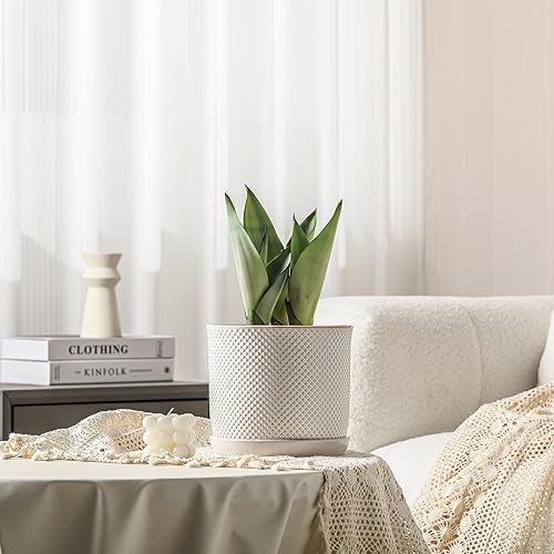 Miniatura 6 de Macetas de 8 pulgadas maceta de cerámica con orificio de drenaje y platillo - Maceta para plantas de interior y exterior - Diseño con cuentas en