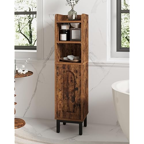 Bathroom Storage Cabinet, Small Corner Floor Cabinet with Door and Shelves, Narrow Toilet Paper Holder, Bathroom Organizer with Adjustable Shelf, for Small Spaces, Rustic Brown BC08201X