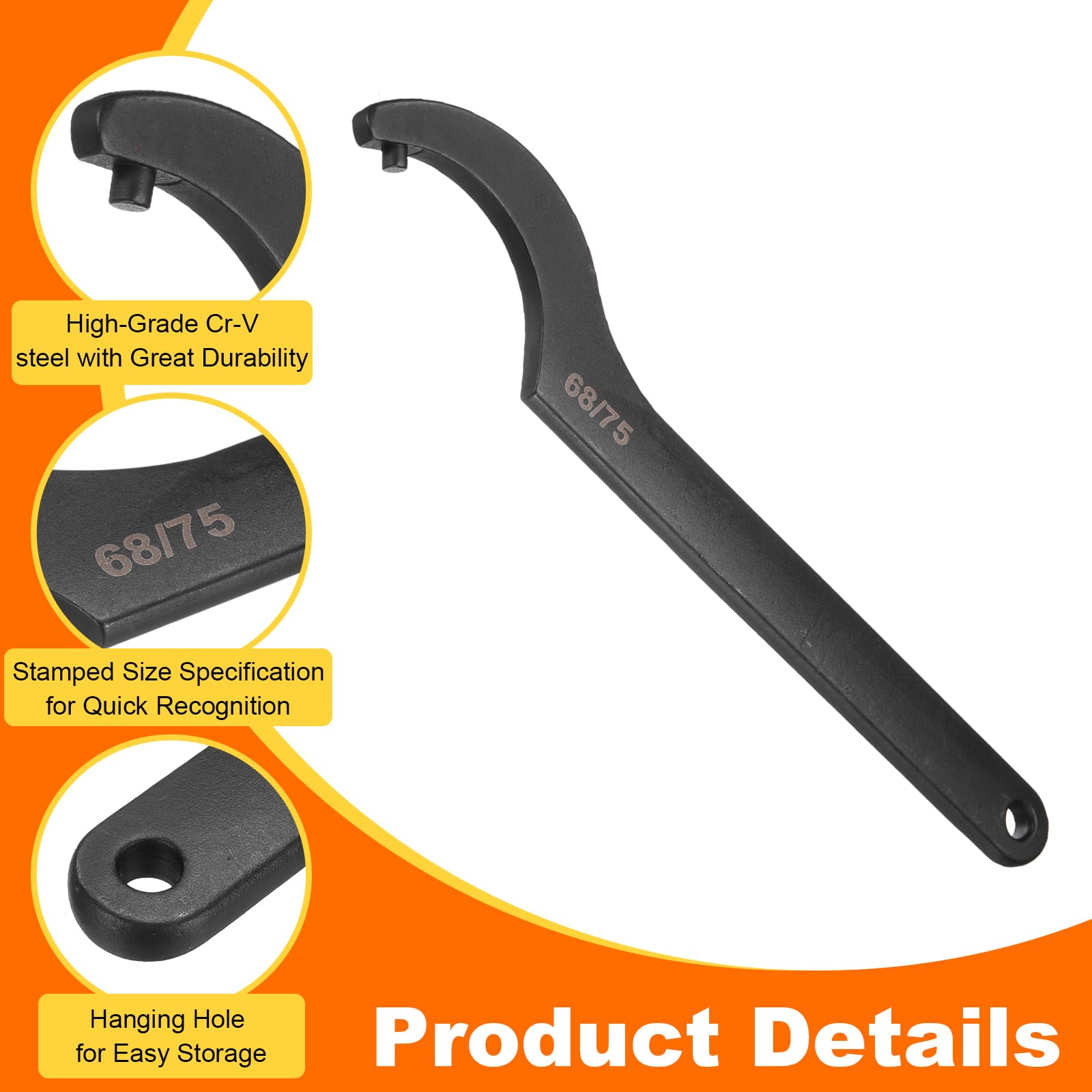 QUARKZMAN C Hook Spanner Wrench, 68-75mm C Pin Motocyklowy Nakrętka Chrom Wanad Spanner Narzędzie do kluczy z 6 mm okrągłą głowicą do maszyn, pojazdów, mechaników
