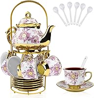 Hebaogugu 20-Piece Elegant Purple Porcelain Tea Set with Gold Flowers & Metal Stand - European Style Adult Tea Party Gift
