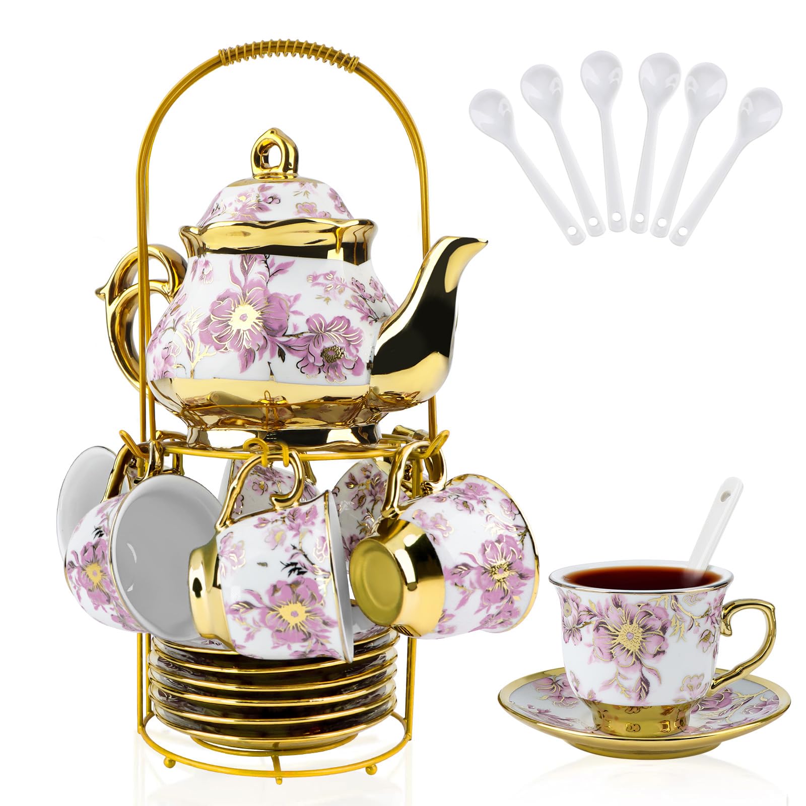 Photo 1 of 20 Pcs Porcelain Tea Set with Metal Holder, European Ceramic Tea Set for Adults, Adult Tea Set Gift, Flower Tea Cup Saucer Set for Party With Gold Flower Painting (Elegant Purple/500ml)