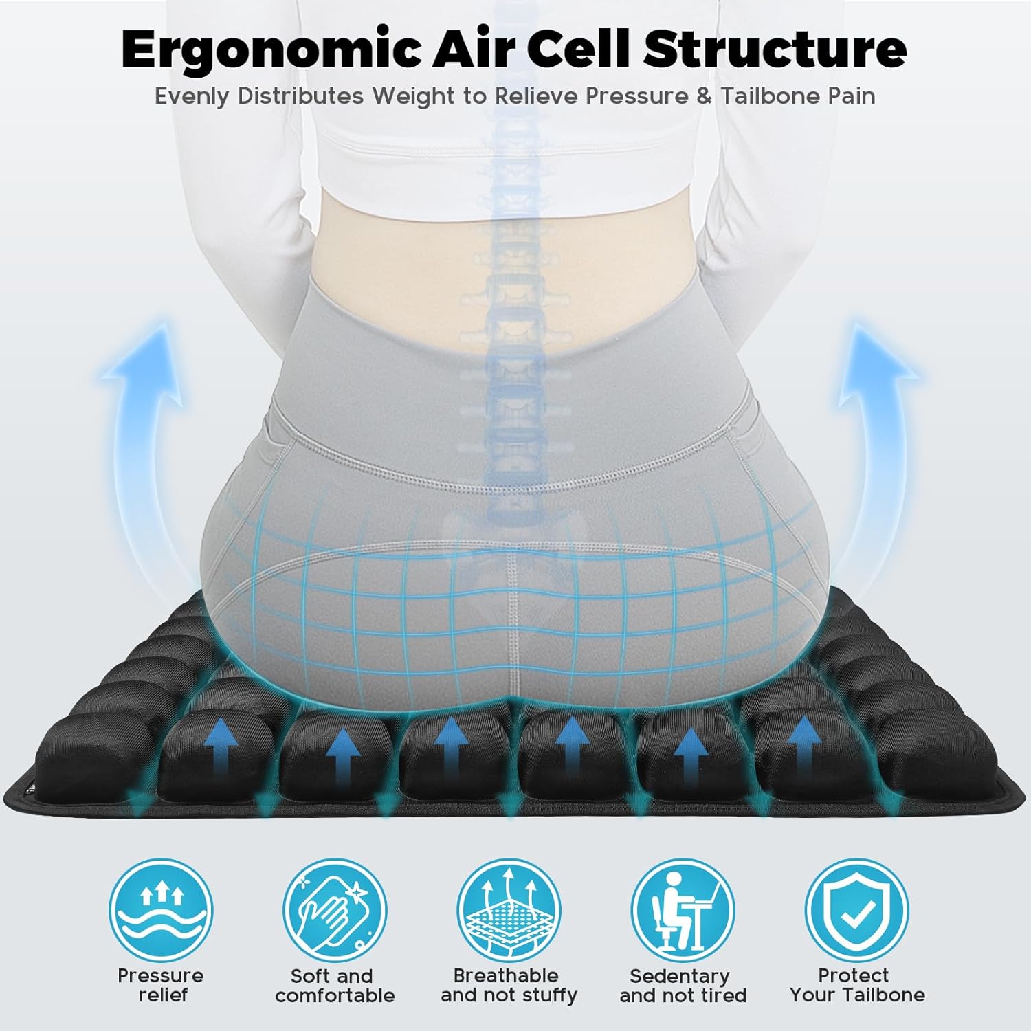 Inflatable Seat Cushion, Airplane Travel Seat Cushion for Long Flights & Car Rides, Portable Air Pad with Built-in Pump, Ergonomic Tailbone Buttocks Pain Relief for Office Chair, Wheelchair, Stadium - Image 3