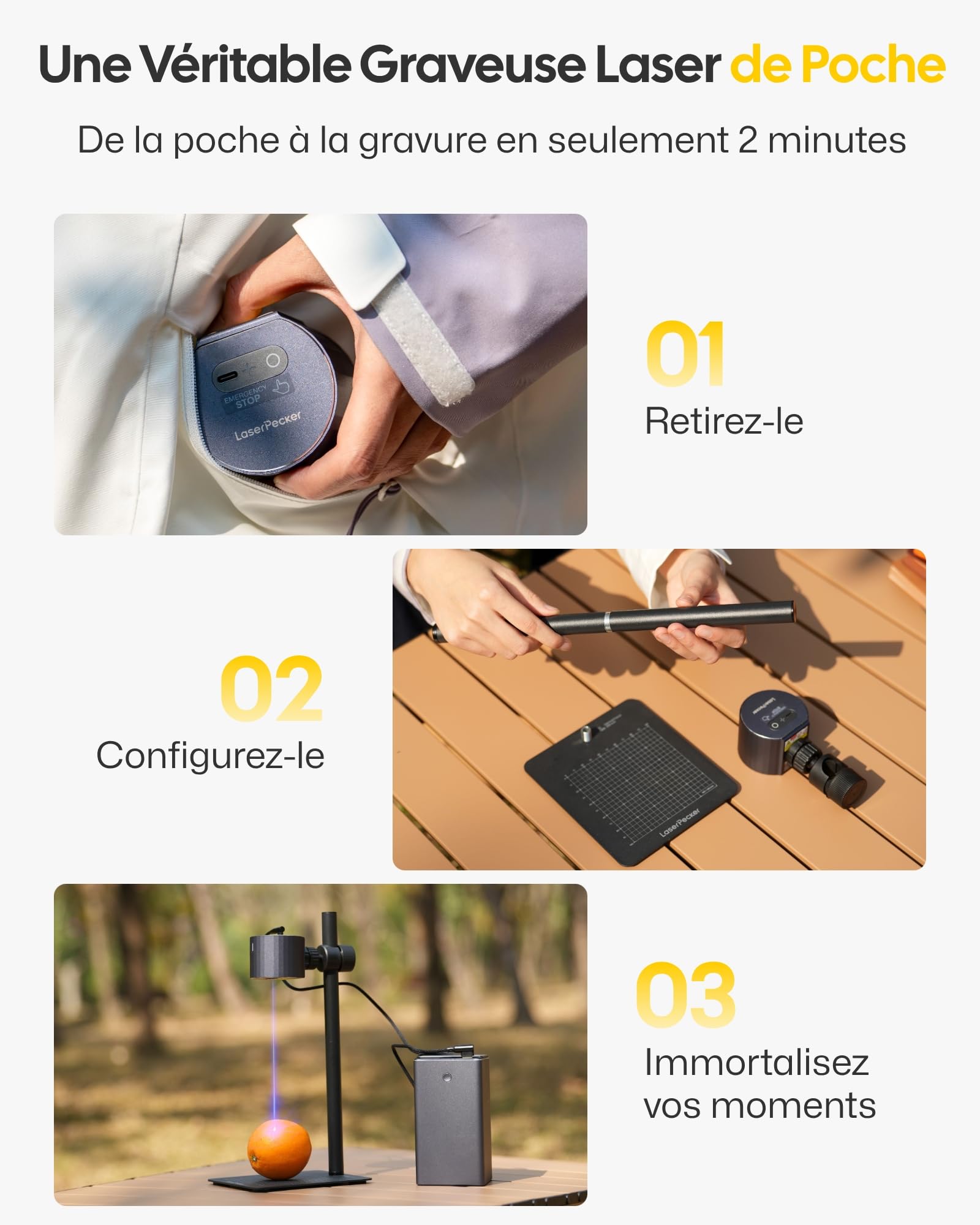 LaserPecker LP1 Plus graveur laser portable à diode 455 nm | 455 nm, format portable, débutants, bois, papier, plus de 100 matériaux, DIY, personnalisation, extérieur, marchés