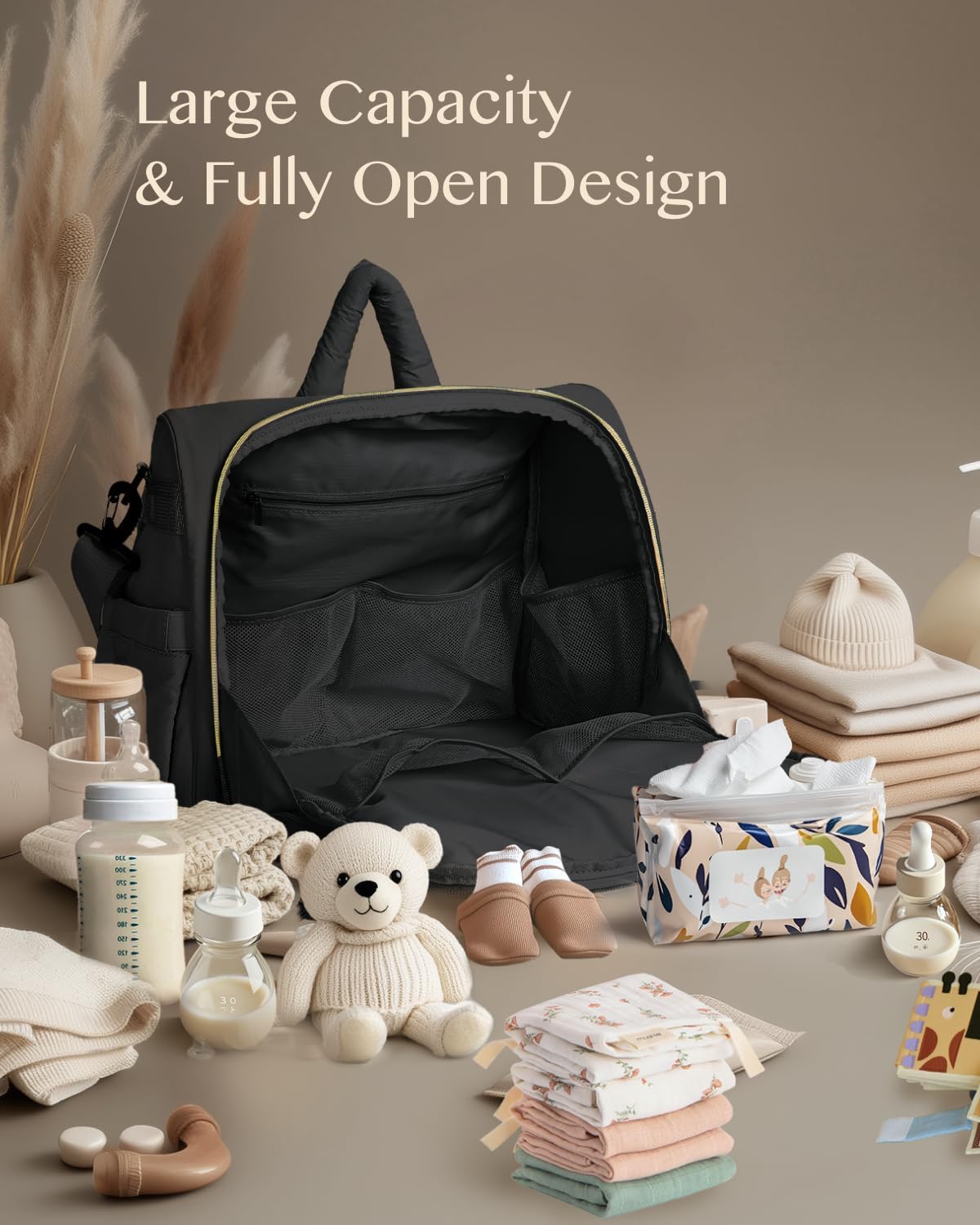 MHOMER Diaper Bag Backpack Puffer Lightweight 3 in 1 Wide Open Small Diaper Bag Tote for Travel with Changing Pad Shoulder Straps, Black