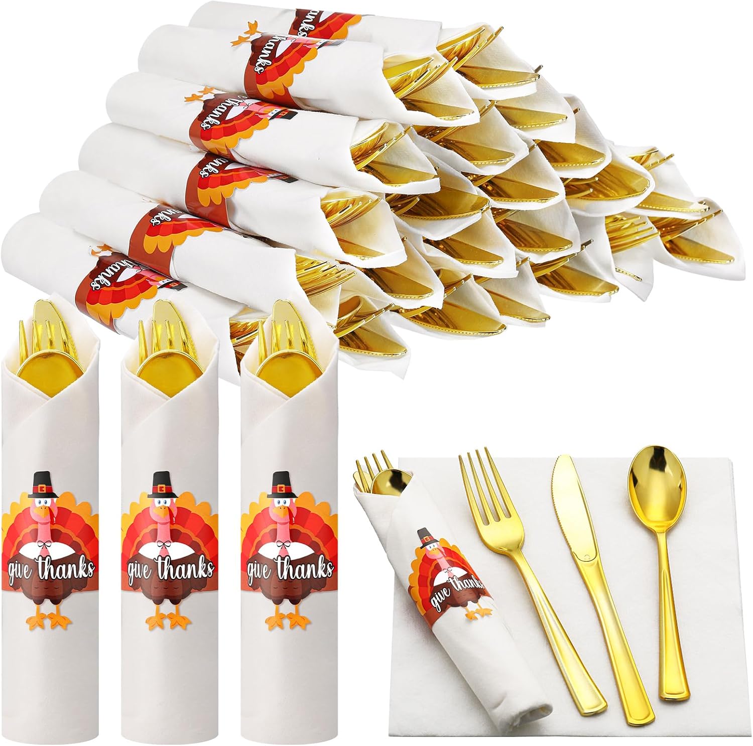 Meanplan 24 Pack Thanksgiving Rolled Silverware Disposable Pre Rolled Silverware Thanksgiving Dinner Decorations Turkey Cutlery Set with Knives Forks Spoons Napkins for Friendsgiving Party Decorations