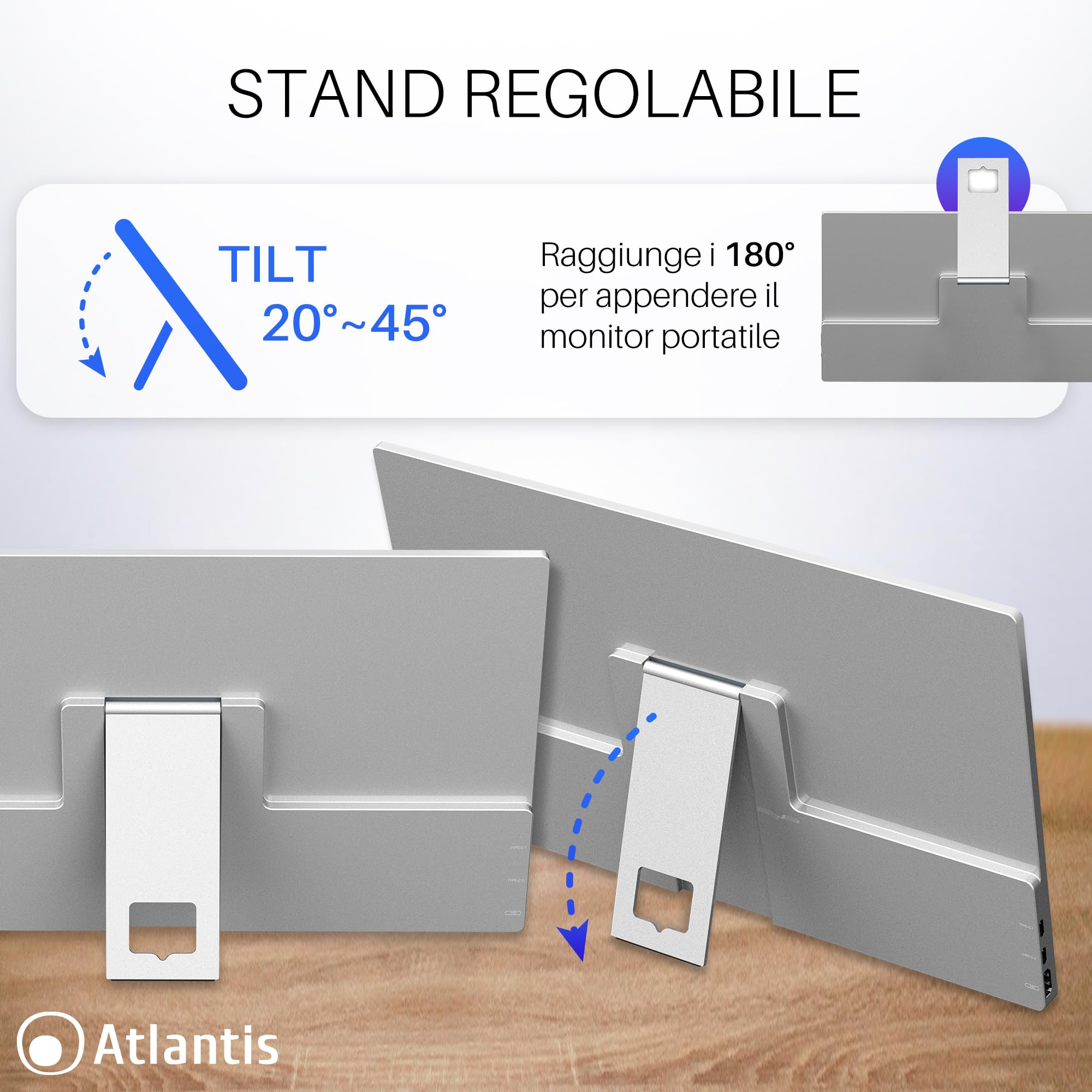 Atlantis Monitor Portatile TouchScreen 16 Pollici, 1080P Full HD 1920x1080, HDMI/Type_C, Speaker 2x1W, Inclinazione Regolabile, display IPS, per Notebook/Console/ 170/170,Cavo HDMI 1,5m/Type_C, < 1Kg.