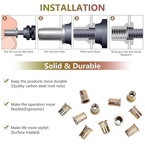 Miniatura 5 de Juego de 100 tuercas remachables de acero al carbono de 516 pulgadas, 516 pulgadas a 18UNC de cabeza plana, insertos remachables para automóviles,