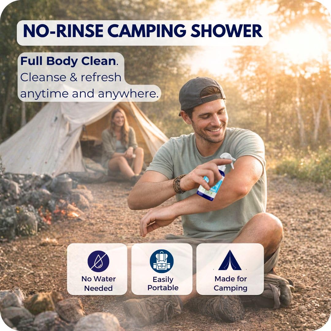 bathing during travel backpacking PRISTINE Camping Shower, Waterless Body Wash Spray, No Rinse Solution, Dry Shower Alternative to Body Wipes, Portable Outdoor Hygiene for Travel, Backpacking, RV, Gym, Rinseless Citrus Scent : Sports & Color:Chrome/Chartreuse Stripe beisday Edge Rods Casting Rods