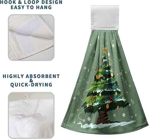 Miniatura 5 de Juego de 2 toallas de cocina colgantes para árbol de Navidad de Navidad, toalla de mano de nieve con lazo para colgar, copos de nieve nevados y