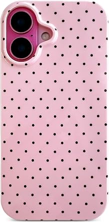Qokey Compatible with iPhone 17 Case, Black Polka Dot TPU Glossy Case, Cute Simple Aesthetics Design for Girls Women, Lightweight Soft Slim Protection Fashionable Cover - Pink