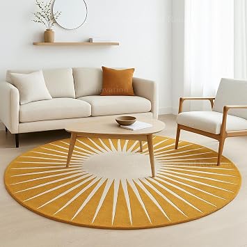 Restoration and Renovation Modern Round Area Rug Hand-Tufted with 100% NZ Wool, Thick & Soft Circular Carpet for Living Room, Bedroom & Dining Room Decor Mustard, 8 Round