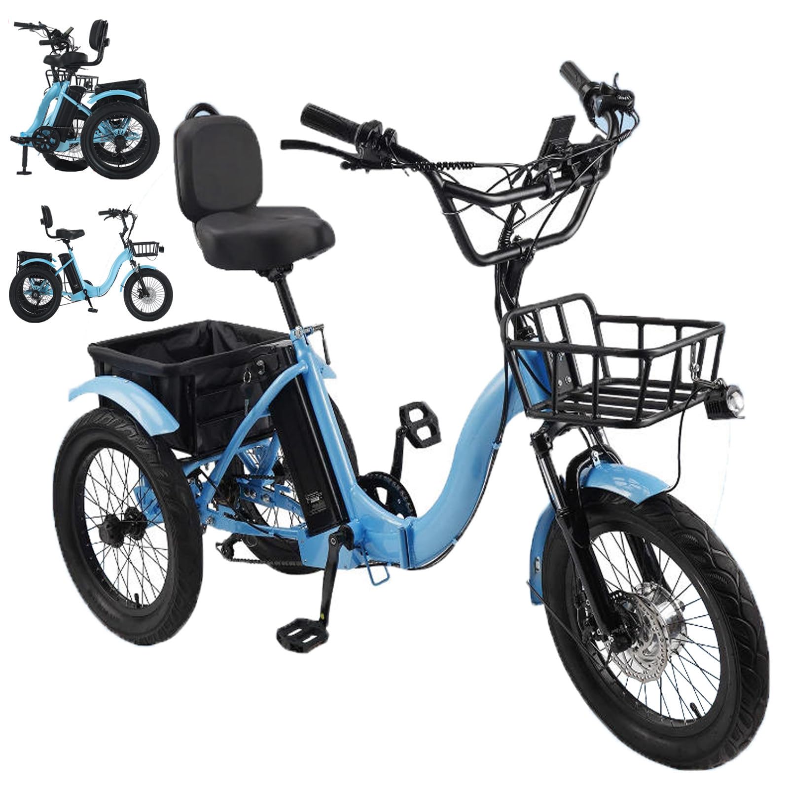 Triciclo Elettrico per Adulti,Bicicletta A Tre Ruote per Adulti,Pneumatici Larghi da 18",3 modalità di Guida,Guida Fluida,con Cestino Posteriore,Display,Pieghevole,Ideale per Gli Spostamenti