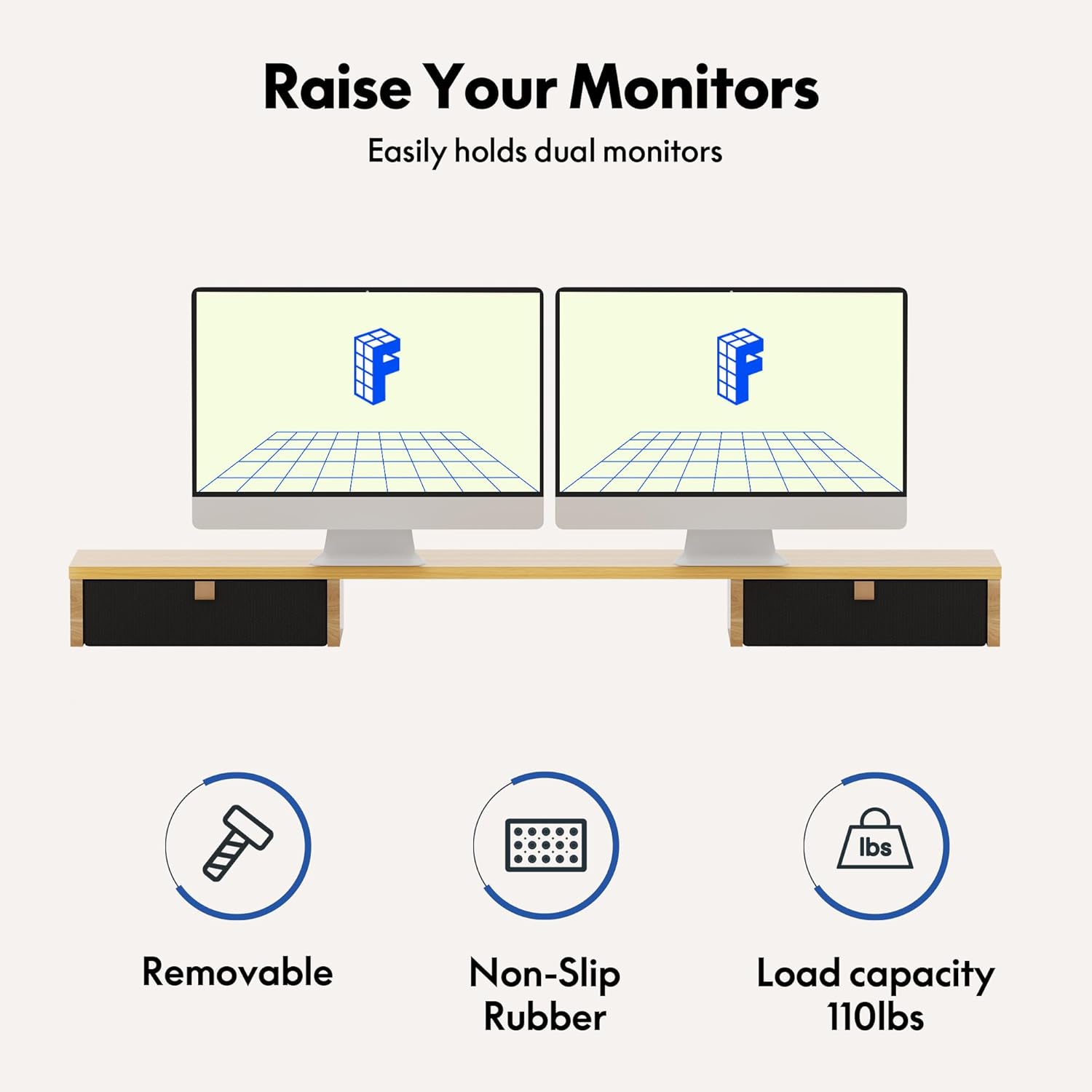 Desk with two monitors on the elevated shelf, illustrating monitor raising capability