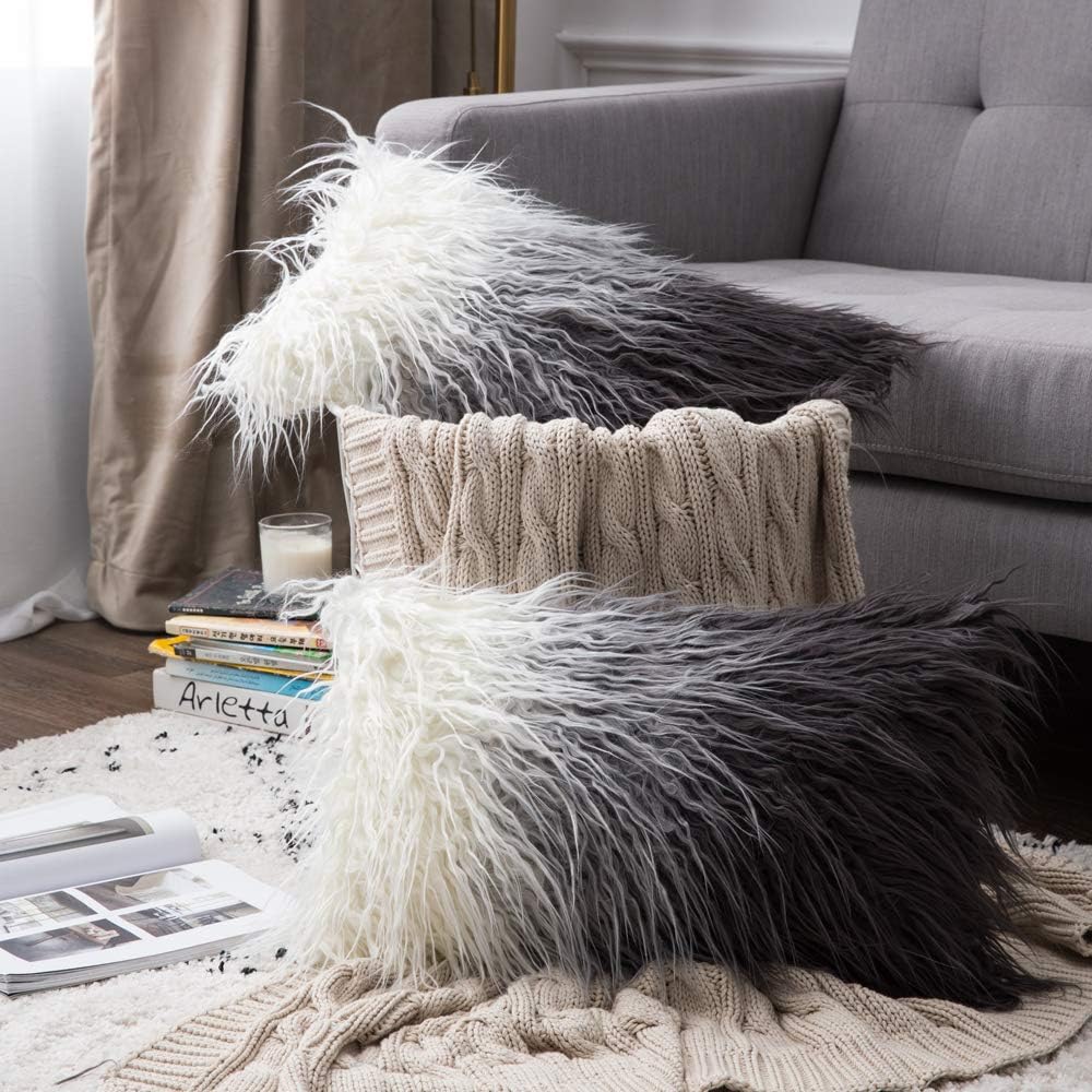 MIULEE Pack of 2 Decorative Throw Pillow Covers Gradient Ombre Plush Faux Fur Luxury Deluxe Fluffy Super Soft Cushion Case Pillowcase Sham for Couch Sofa Car Bedroom 12x20 Inch 30x50 Gradient Grey