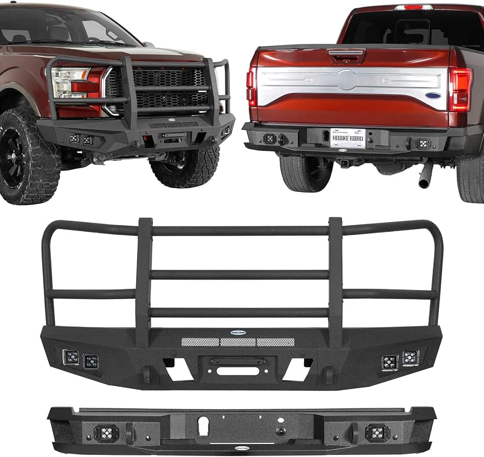Hooke Road 2017 F150 Bumpers Front and Rear Combo w/Brush Guard Bull Bar for 2015 2016 2017 Ford F-150(Exclude Raptor), Heavy Duty Steel Bumpers with Winch Plate, D-ring Mounts, LED Lights Global Recycled Standard