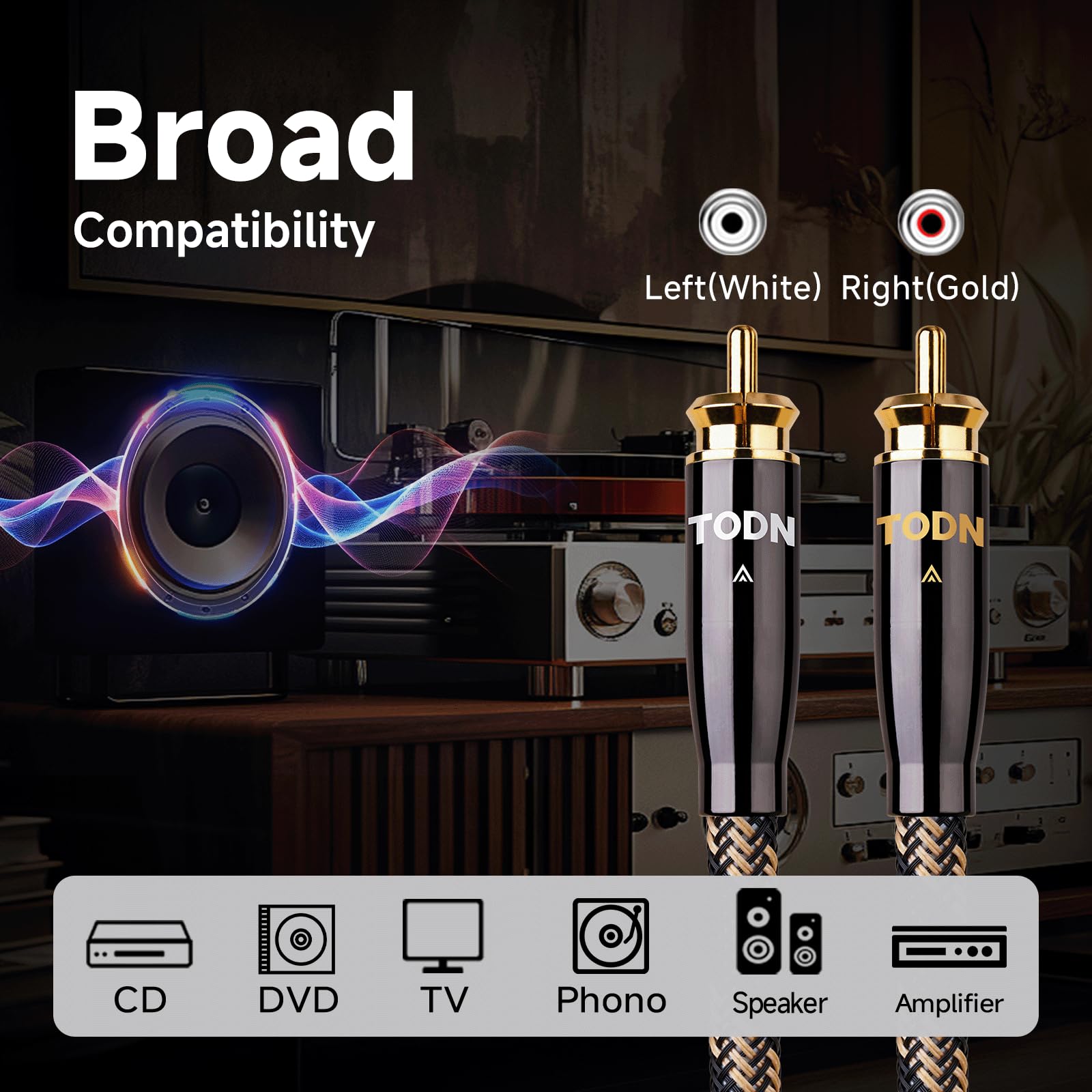TODN 1m Cinch Kabel, Stereo-Paar (L,R) RCA Audio Cable für HiFi Anlagenr | 99,9999% OCC, Doppelt Abgeschirmt, 24-Karat-vergoldet, Cinch auf Cinch, für Plattenspieler/CD/DVD/Verstärker/Heim-Audio