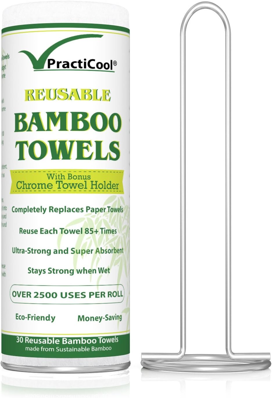 Practicool Bamboo Kitchen Towel Roll Eco Friendly Reusable White Washable 30 Sheets 28 x 30 Centimetre with Bonus Chrome Towel Holder