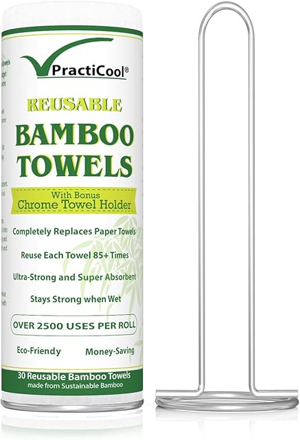Practicool Bamboo Kitchen Towel Roll Eco Friendly Reusable White Washable 30 Sheets 28 x 30 centimetre with bonus Chrome Towel Holder