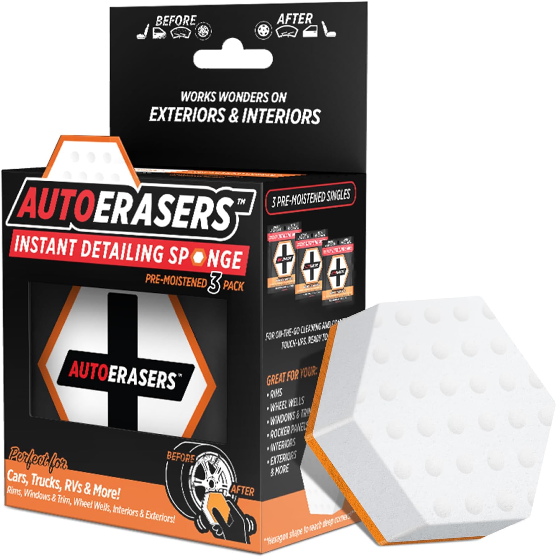AutoERASERS™ Instant Detailing Sponge, Premium Pre-Moistened Dual-Sided Auto Cleaning Sponge with Shammy (3 Pack)