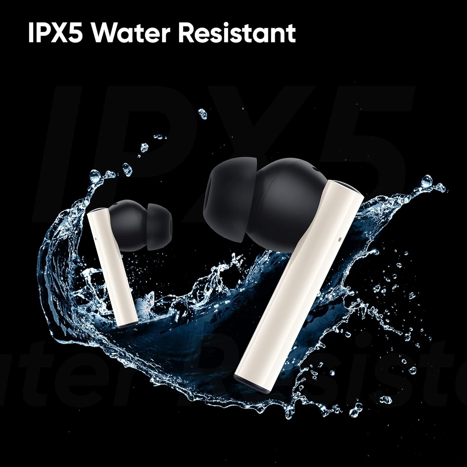 DIZO GoPods earbuds with water splashing around them, indicating IPX5 water resistance.