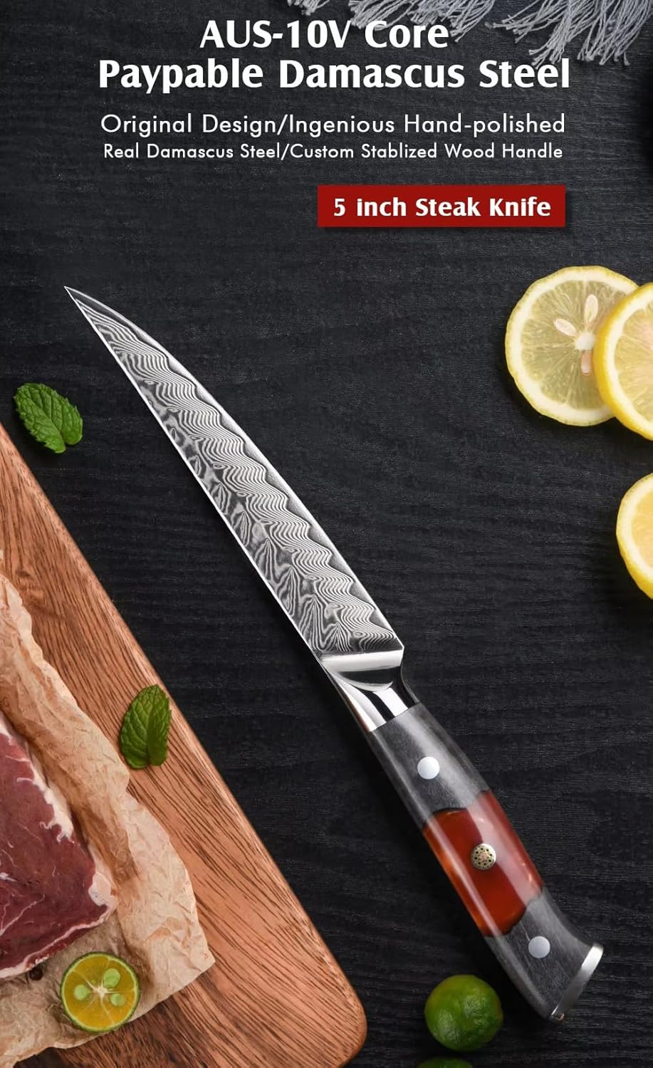 Steak Knives Set of 8 (5-inch Blade) Premium Resin Wood Handle Damascus Steak Knife Luxury Steak Knife Damascus Steak Knives Ergonomic Design Luxury Beautiful Handle Dishwasher Safe