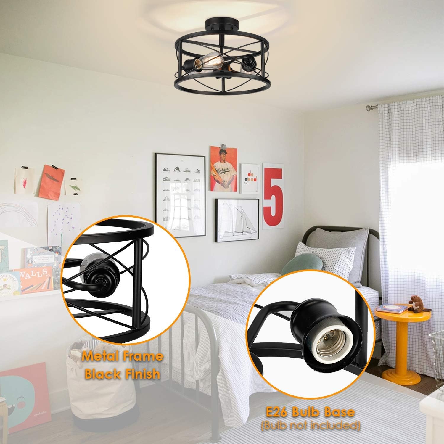 Industrial 3-Light Semi Flush Mount Ceiling Light, Modern Farmhouse Lighting Fixture with Metal Cage, Black Vintage Retro Pendant Lamp for Hallway Kitchen Bedroom Living Room Bathroom Entryway - - 
