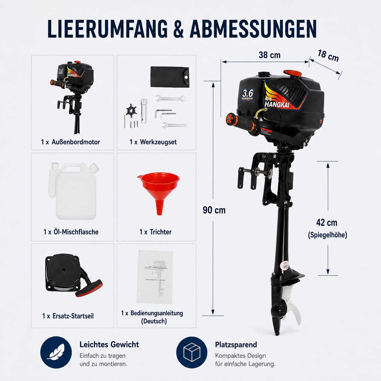 2-Takt Außenbordmotor Benzinmotor, 55ccm 3,6PS Außenborder Benzin Außenbordmotor, Schlauchboot Motor Kurzer Welle, CDI Zündung Halbluft- und Halbwassergekühlt für Schlauchboot Angelboot Fischerboot