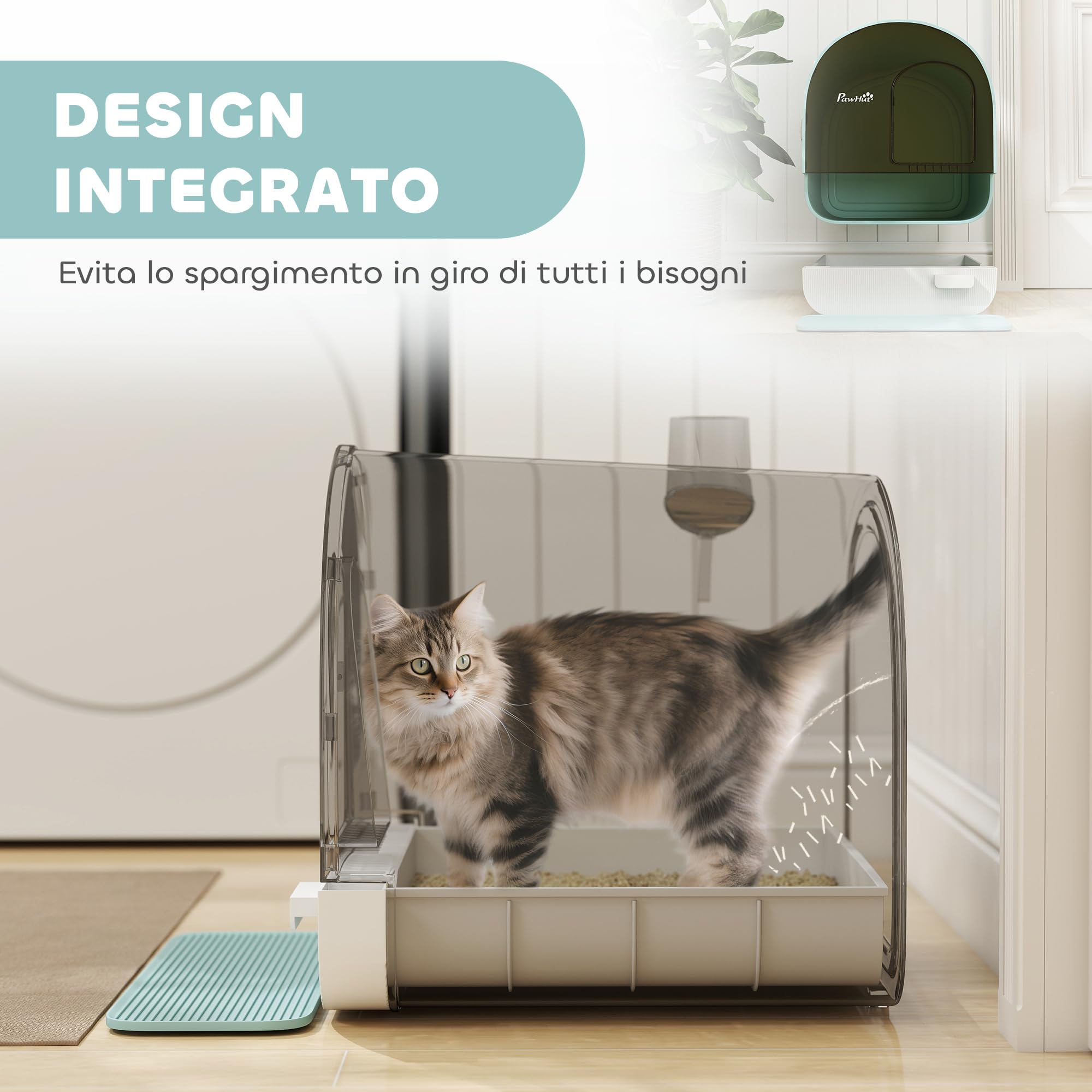 PawHut Lettiera per Gatti Chiusa, Casetta con Vassoio Estraibile, Paletta, Porta e Filtri Antiodore, Toilette per Gatti Antipertita con Tappetino, Verde, Bianco e Nero