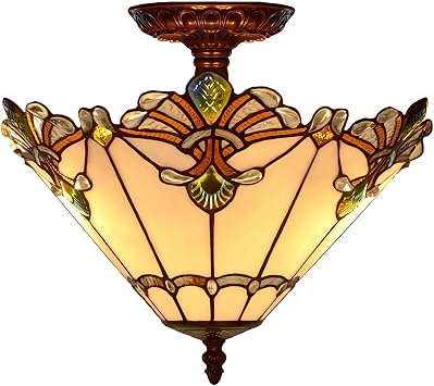 12" Tiffany-Style Ceillight Fixture Stained Glass Semi Flush Mount Ceillamp,2 Light, Traditional Dimmable Metal Decor Chandeliers for Bedroom Kitchen Entry Hallway,T,A