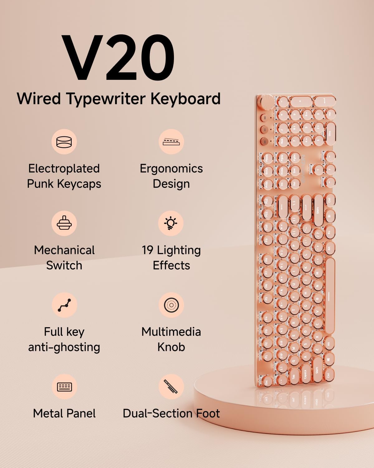 eweadn typewriter style mechanical keyboard, wired typewriter keyboard,104 keys retro typewriter keyboards, media control knob, wired computer keyboard pink switch for windows/mac/pc-pink