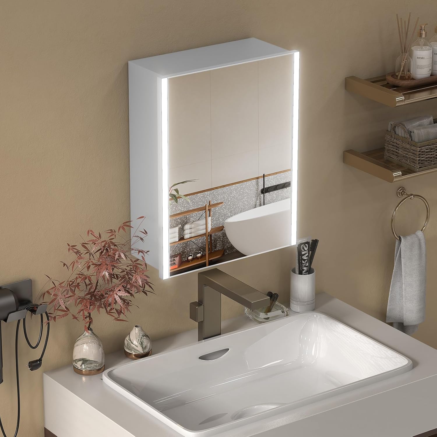 20x26 Inch Medicine Cabinet with LED Light Mirror, Brightneess Adjustable and Full-Assembled Bathroom Aluminum Cabinet with Storage, Farmhouse Sliver Surface Mount (Not Recessed)