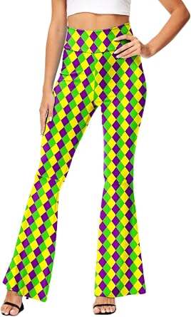 AOBUTE Womens Mardi Gras Bell Bottoms Purple Green Yellow High Waist Flare Pants