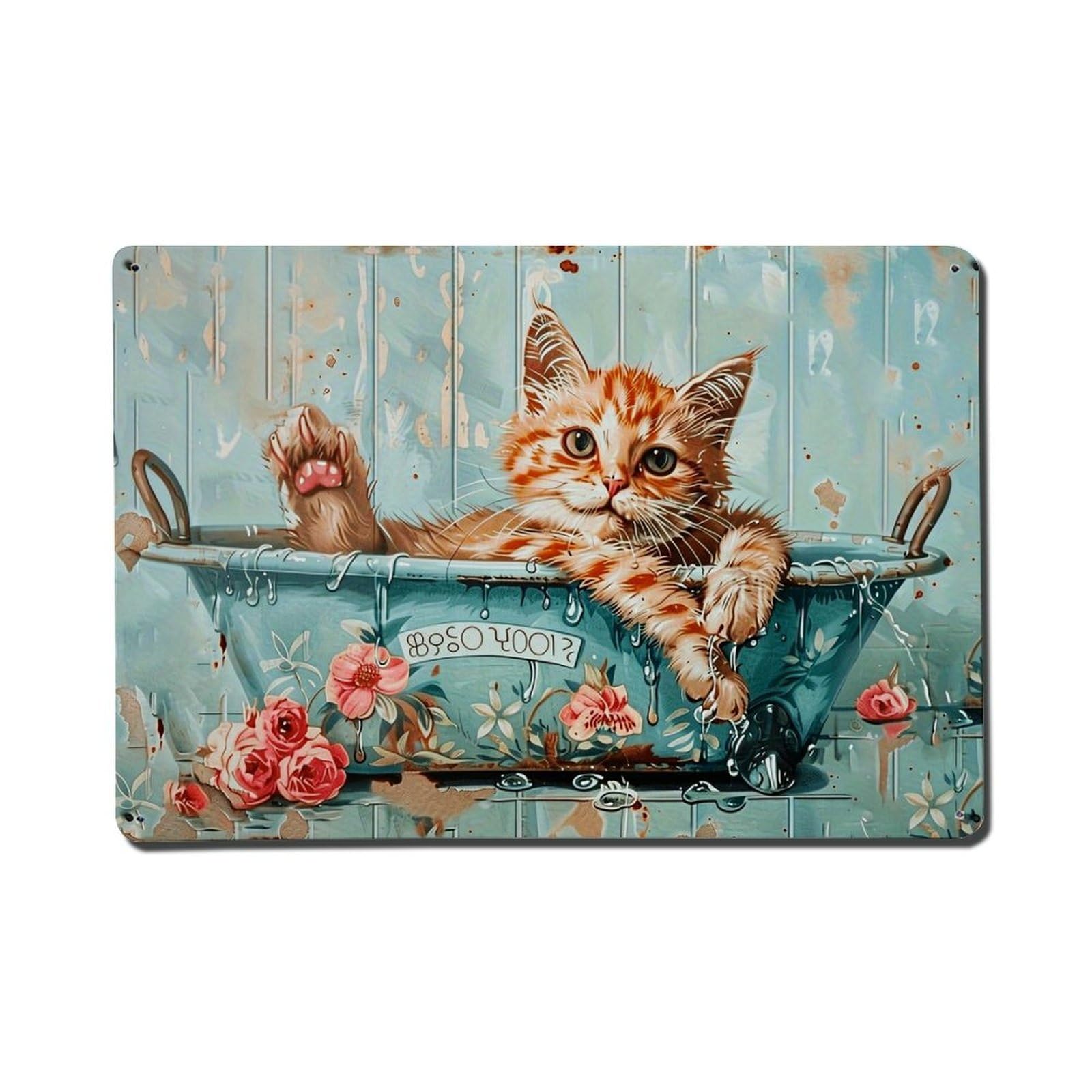 Cat In Floral Bathtub Pattern Metal Tin Sign Plaque